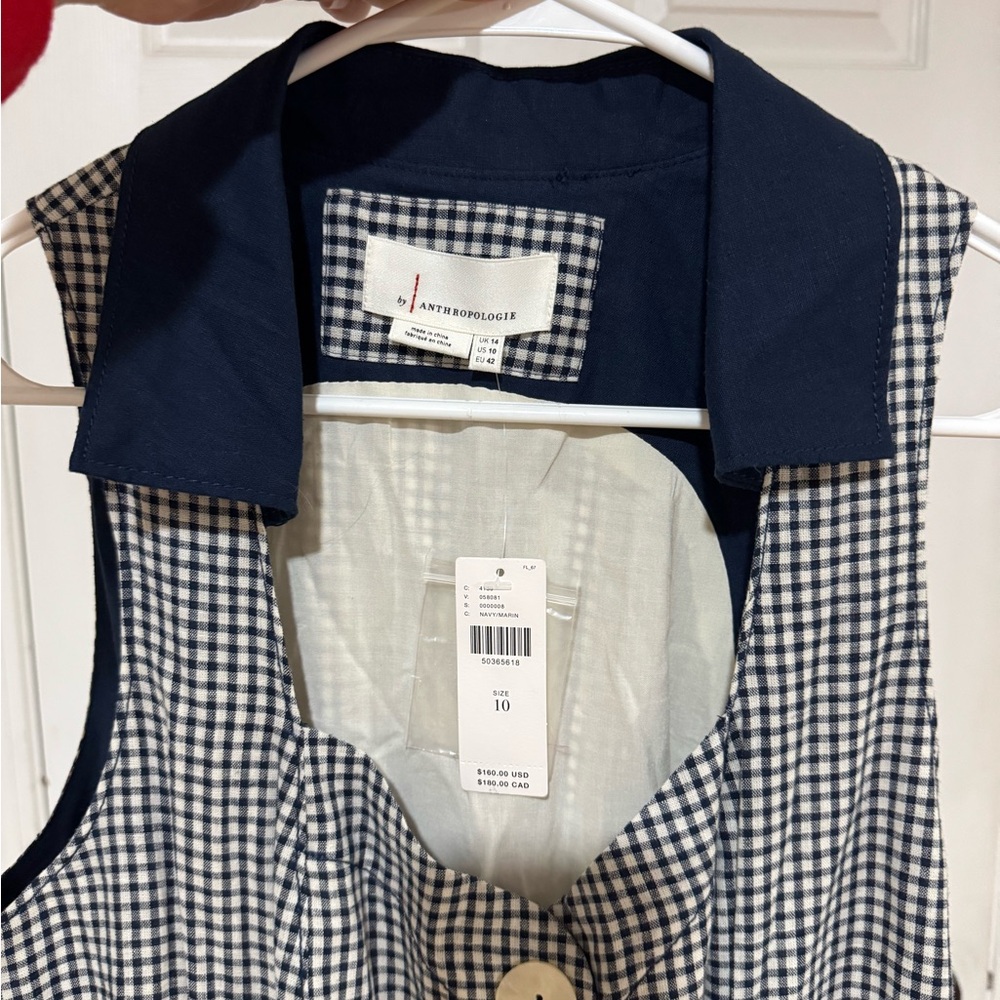 HTF Anthropologie Navy Blue Linen Cotton Gingham Camellia Collared Dress Size 10 - Picture 10 of 13